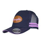 A navy blue Wrangler Mia Trucker Cap (X6S2945CAP) with a brown leather Wrangler logo patch on the front, purple mesh panels, and purple contrast stitching on a white background.