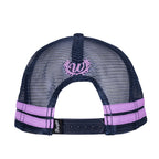 A navy blue Wrangler Mia Trucker Cap (X6S2945CAP) with Wrangler W logo embroidery, adjustable snap closure and Wrangler logo pip on the back, navy mesh panels, and purple contrast stitching on a white background.