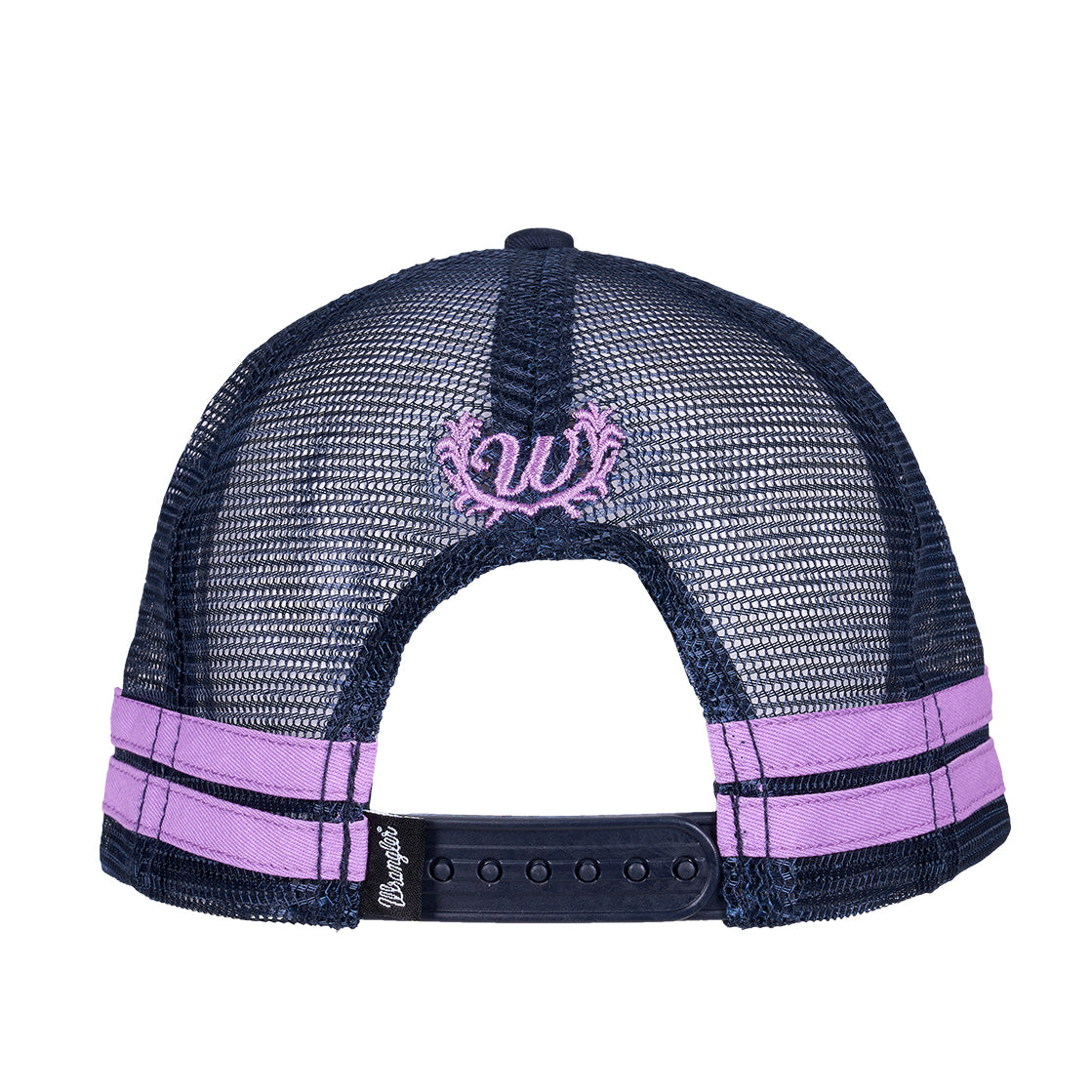 A navy blue Wrangler Mia Trucker Cap (X6S2945CAP) with Wrangler W logo embroidery, adjustable snap closure and Wrangler logo pip on the back, navy mesh panels, and purple contrast stitching on a white background.
