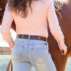Wrangler Molly Belt (XCP2919BLT) Tan worn with a pair of Wrangler Women's Verity Bootcut Jeans Willow (X6S2251722) Sky 