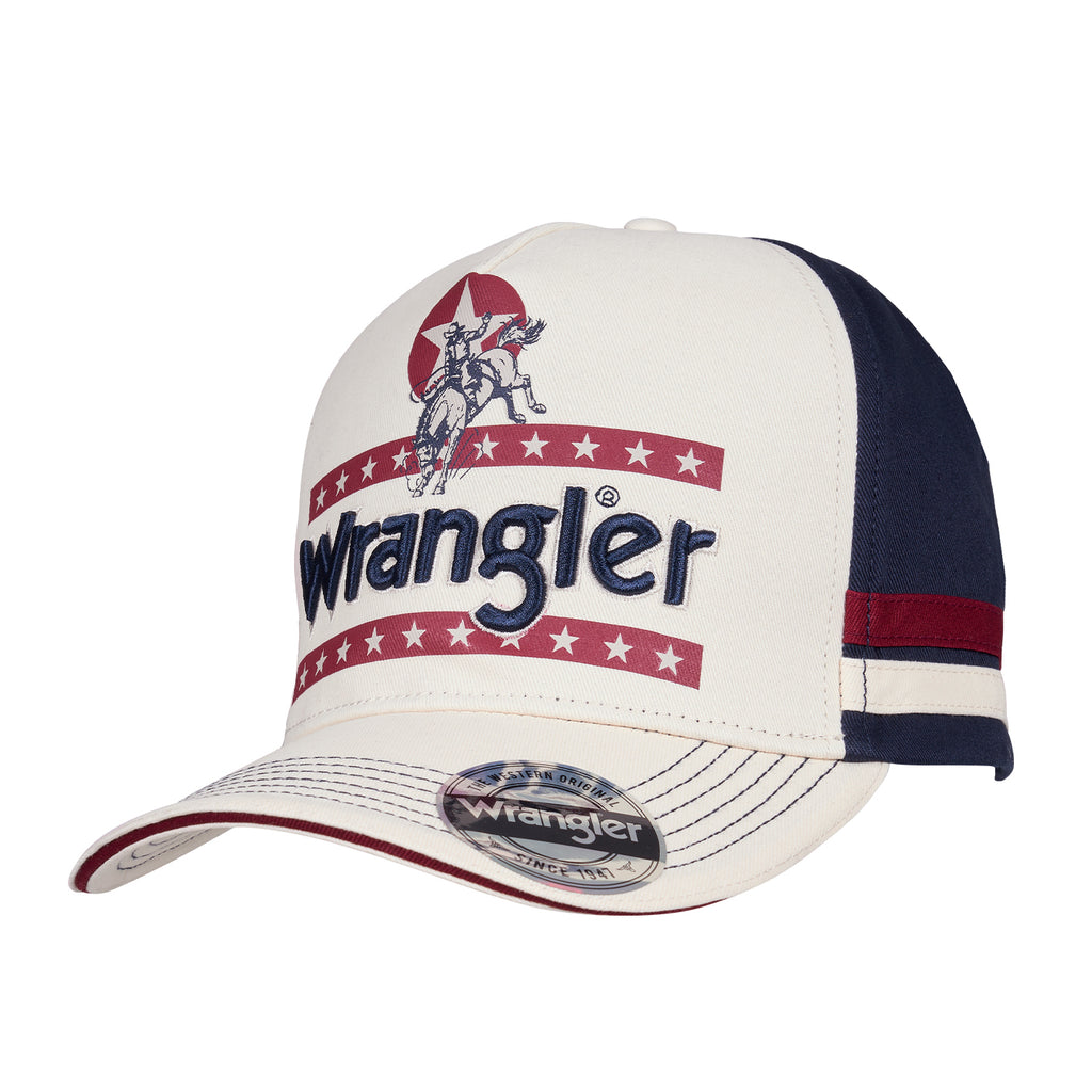 Wrangler Nora High Profile Full Back Cap (XCP2947CAP) in cream, navy, and red, featuring a classic cowboy logo and 'Wrangler' text on the front, with a branded sticker on the brim.