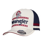 Wrangler Nora High Profile Full Back Cap (XCP2947CAP) in cream, navy, and red, featuring a classic cowboy logo and 'Wrangler' text on the front, with a branded sticker on the brim.