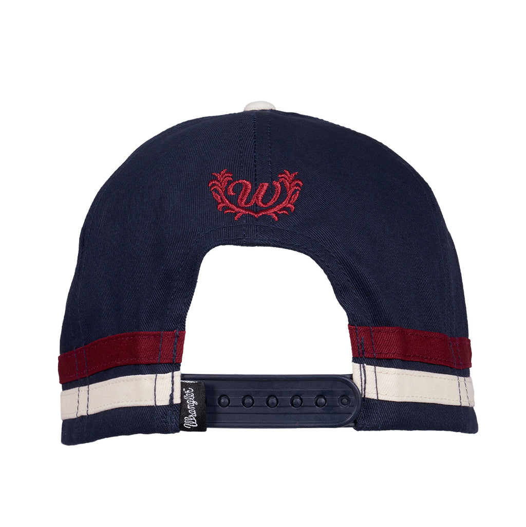 Back view of a navy and cream Wrangler Nora High Profile Full Back Cap (XCP2947CAP) with a red embroidered 'W' logo on the crown, red and white side stripes, and a snapback closure.