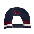Back view of a navy and cream Wrangler Nora High Profile Full Back Cap (XCP2947CAP) with a red embroidered 'W' logo on the crown, red and white side stripes, and a snapback closure.