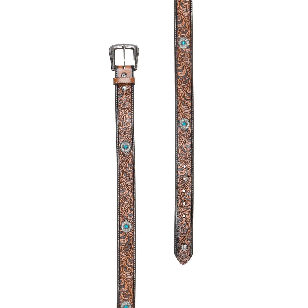 A tan tooled leather western Wrangler Siara Belt (X6S2916BLT) laid flat with an antique silver toned metal buckle, intricate brown and black floral scrollwork tooling and small turquoise accents on the sides, shown on a white background.