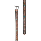 A tan tooled leather western Wrangler Siara Belt (X6S2916BLT) laid flat with an antique silver toned metal buckle, intricate brown and black floral scrollwork tooling and small turquoise accents on the sides, shown on a white background.