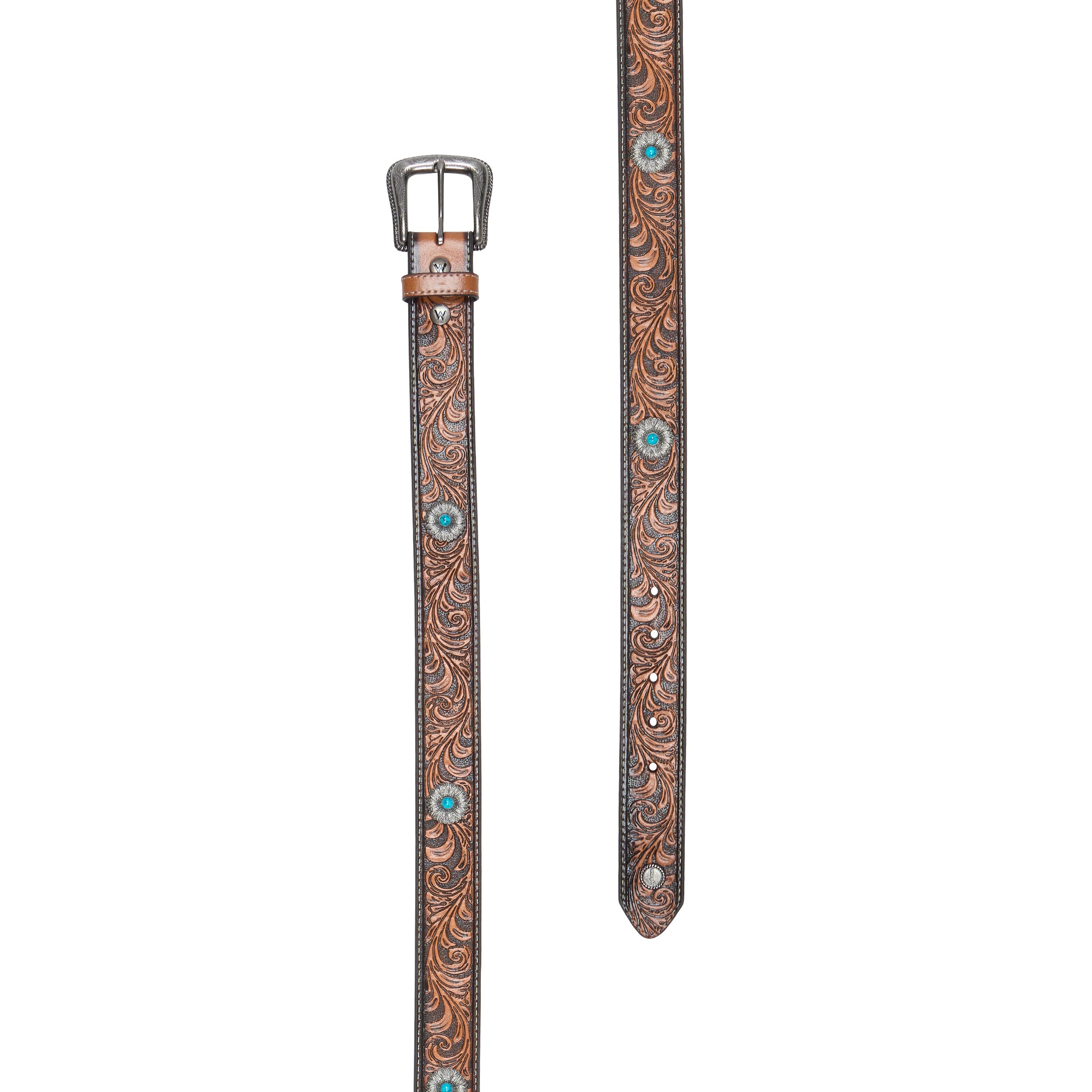 A tan tooled leather western Wrangler Siara Belt (X6S2916BLT) laid flat with an antique silver toned metal buckle, intricate brown and black floral scrollwork tooling and small turquoise accents on the sides, shown on a white background.