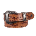 A light tan, floral embossed leather Wrangler Silvie Belt (X6S2920BLT) with leather lacing, featuring an engraved silver-tone buckle, matching keeper and logo concho photographed on a white background.
