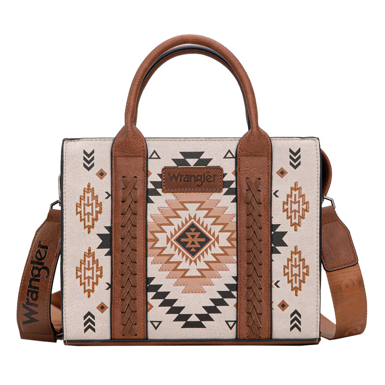 The Wrangler Talia Aztec Crossbody Bag (X6W4907BAG) in natural features a beige and brown Aztec pattern, two sturdy brown handles, a detachable crossbody strap, and decorative leather accents on the front.