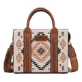 The Wrangler Talia Aztec Crossbody Bag (X6W4907BAG) in natural features a beige and brown Aztec pattern, two sturdy brown handles, a detachable crossbody strap, and decorative leather accents on the front.