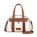 The Wrangler Whipstitch Crossbody Bag (X6W4919BAG) in Beige/Tan features a white body, tan brown handles and trim, front zipper pocket, whipstitch accents, detachable strap, and a "Wrangler" logo patch on the front.
