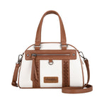 The Wrangler Whipstitch Crossbody Bag (X6W4919BAG) in Beige/Tan features a white body, tan brown handles and trim, front zipper pocket, whipstitch accents, detachable strap, and a "Wrangler" logo patch on the front.