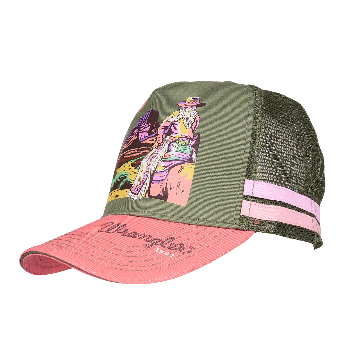 A 3-4 front view of the Wrangler Willa High Profile Trucker Cap (X6S2942CAP) in Khaki Marle/Coral featuring a retro western cowgirl print.