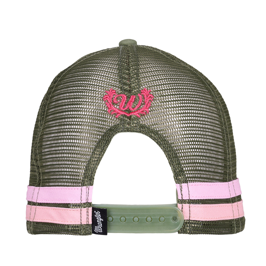A back view of the Wrangler Willa High Profile Trucker Cap (X6S2942CAP) in Khaki Marle/Coral featuring Wrangler logo embroidery and snap back.