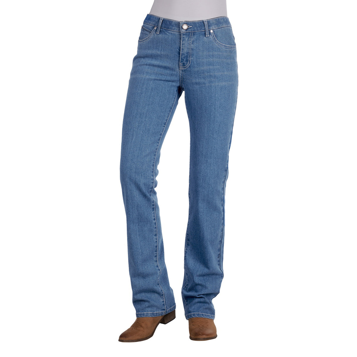A woman wearing faded blue Wrangler Women's Chara Willow Jeans (XCP2251216) and brown cowboy boots, shown against a plain white background.