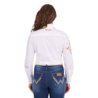 A woman with her back to the camera modelling a white Wrangler Women's Darcy Long Sleeve Shirt (X6S2100606) with embroidered horse motifs on the sleeves, paired with blue jeans and a Wrangler Zola Belt (XCP2918BLT) in Stone, against a plain white background.