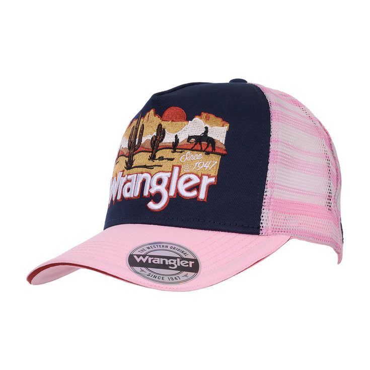 Wrangler Womens Darla High Profile Ponytail Trucker Cap (X6W2938CAP) Navy/Pink OSFM