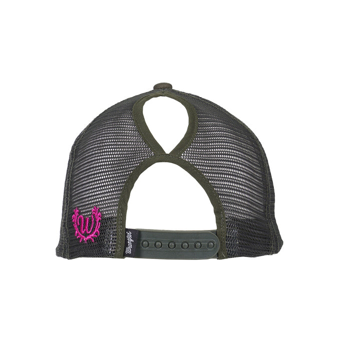 Wrangler Womens Erinn High Profile Ponytail Trucker Cap (X6W2939CAP) Olive/Pink OSFM