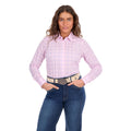 A woman modelling a pink and blue Wrangler Women's Essie Long Sleeve Shirt (X6S2101601) with blue jeans and a western stone coloured Wrangler Zola Belt (XCP2918BLT), set against a plain white background.