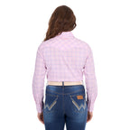 A woman viewed from behind modelling a pink and blue Wrangler Women's Essie Long Sleeve Shirt (X6S2101601) with blue jeans and a western stone coloured Wrangler Zola Belt (XCP2918BLT), set against a plain white background.