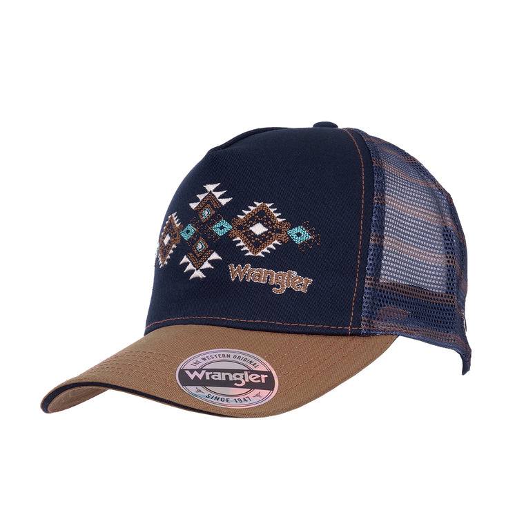 Wrangler Womens Francis High Profile Ptail Trucker Cap (X6W2936CAP) Navy/Tan OSFM
