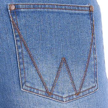 Close-up of the back pocket of faded blue Wrangler Women's Gigi Mid Rise Denim Shorts (XCP2411717), showing the characteristic double-stitched 'W' design and brown contrast stitching.