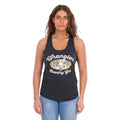 A woman modelling a charcoal Wrangler Women's Jasmine Tank (X6S2508648) with racerback, featuring 'Wrangler Country Girl' graphic on the front, paired with light blue jeans, against a plain white background.