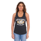 A woman modelling a charcoal Wrangler Women's Jasmine Tank (X6S2508648) with racerback, featuring 'Wrangler Country Girl' graphic on the front, paired with light blue jeans, against a plain white background.