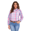A woman modelling a pink, blue, and white plaid Wrangler Kiara Long Sleeve Shirt (X6S2105603) with kora blue Wrangler Margo Trouser Jeans Willow (XCP2253710) and a light tan Wrangler Silvie Belt (X6S2920BLT), photographed against a solid white background.