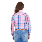 A woman with her back to the camera modelling a pink, blue, and white plaid Wrangler Kiara Long Sleeve Shirt (X6S2105603) with kora blue Wrangler Margo Trouser Jeans Willow (XCP2253710) and a light tan Wrangler Silvie Belt (X6S2920BLT), photographed against a solid white background.