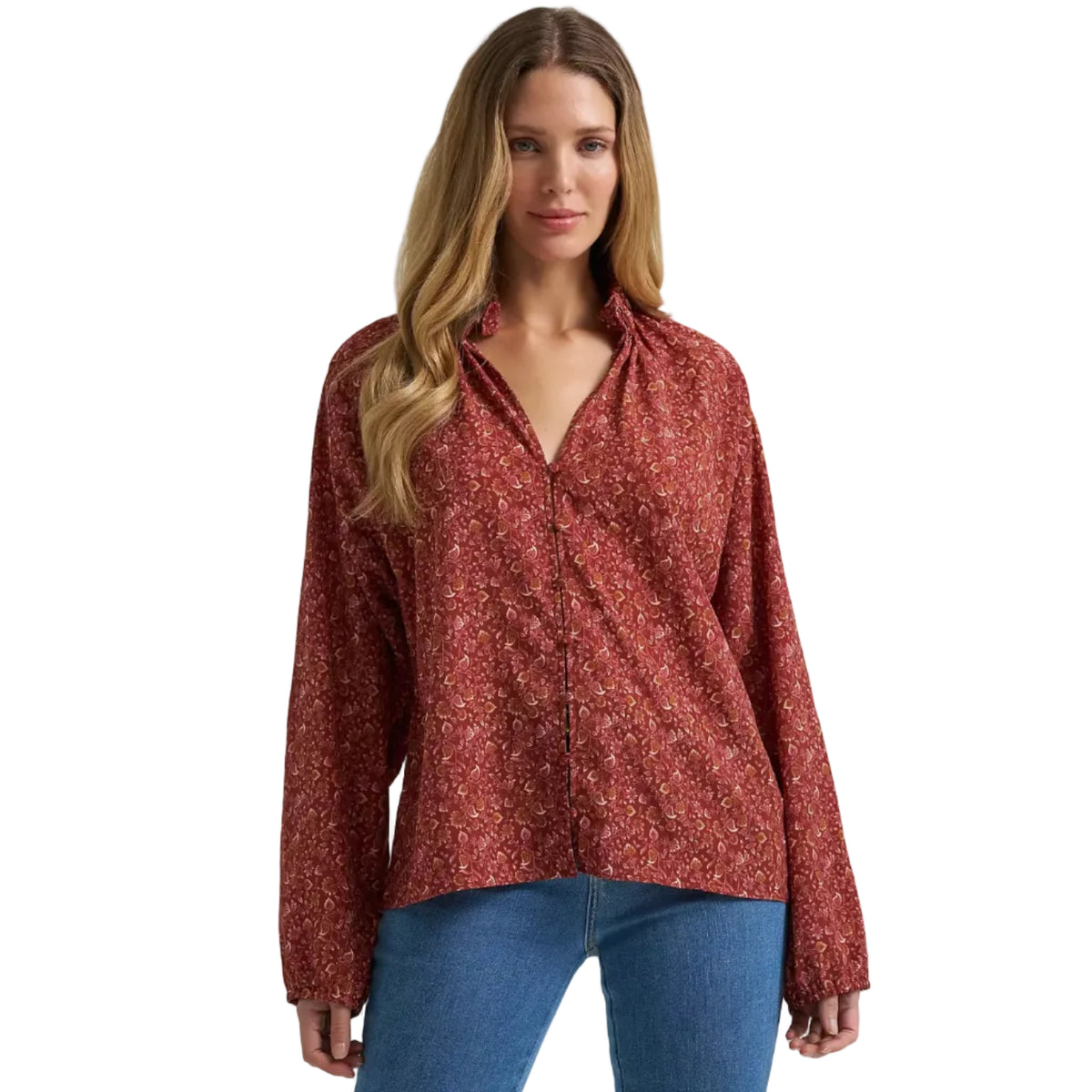 Wrangler Womens L/S Ruffle Blouse (112382526) Burgundy