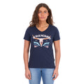A woman modelling a navy blue Wrangler Women's Lana V-Neck T-Shirt (X6S2599634) with a western graphic on the chest, paired with light blue jeans, against a plain white background.