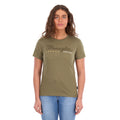 A woman modelling a Wrangler Women's Lucy Tee (XCP2598633) Khaki Marle with an embroidered script logo and gold stars on the chest, paired with blue jeans against a plain white background.