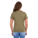 A woman viewed from the back wearing a Wrangler Women's Lucy Tee (XCP2598633) Khaki Marle with  a Wrangler script logo on the back neck and blue jeans, set against a plain white background.