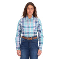 A woman modelling a pink and teal Wrangler Women's Luisa Long Sleeve Shirt (X6S2100607), paired with blue jeans and a tan Wrangler Siara Western Belt (X6S2916BLT), against a plain white background.