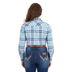 A woman viewed from behind, modelling a pink and teal Wrangler Women's Luisa Long Sleeve Shirt (X6S2100607), paired with blue jeans and a tan Wrangler Siara Western Belt (X6S2916BLT), against a plain white background.