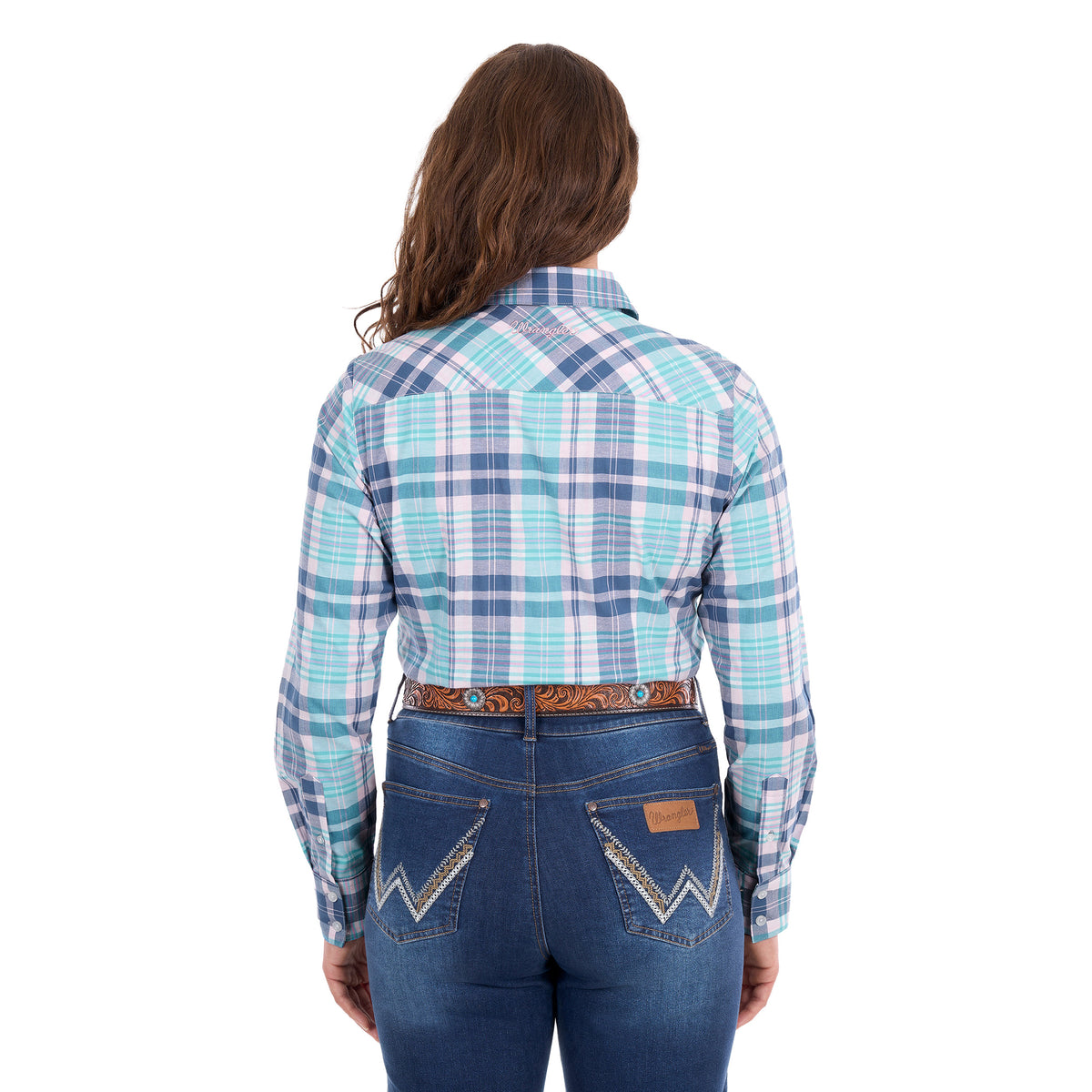 A woman viewed from behind, modelling a pink and teal Wrangler Women's Luisa Long Sleeve Shirt (X6S2100607), paired with blue jeans and a tan Wrangler Siara Western Belt (X6S2916BLT), against a plain white background.