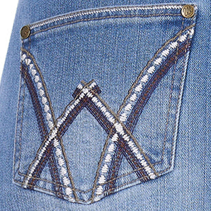 Close-up of the faded blue Wrangler Women's Maisy Denim Skirt (XCP2409723) back pocket featuring decorative 'W' embroidery.