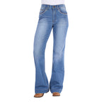 Front view of a person wearing light blue Wrangler Women's Margo Trouser Jeans Willow (XCP2253710) with a straight-to-flare leg and decorative contrast stitching on the pockets, shown against a plain white background.
