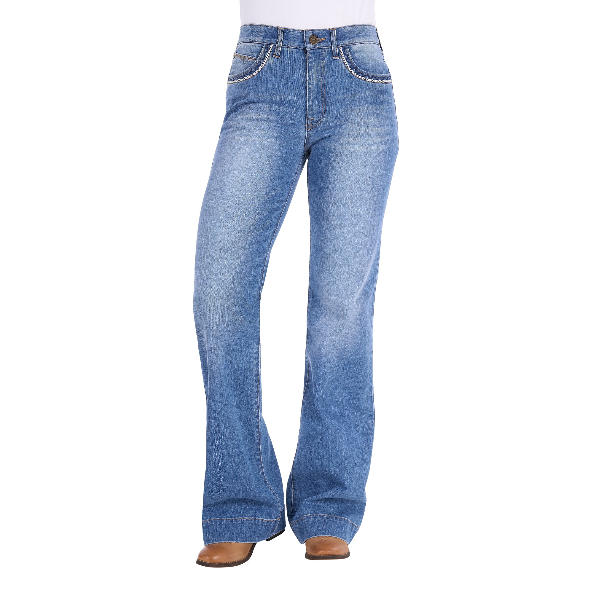 Front view of a person wearing light blue Wrangler Women's Margo Trouser Jeans Willow (XCP2253710) with a straight-to-flare leg and decorative contrast stitching on the pockets, shown against a plain white background.