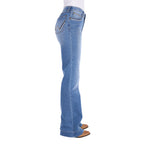 Profile view of a person wearing light blue Wrangler Women's Margo Trouser Jeans Willow (XCP2253710) with a straight-to-flare leg and decorative contrast stitching on the pockets, shown against a plain white background.