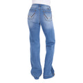 Rear view of a person wearing light blue Wrangler Women's Margo Trouser Jeans Willow (XCP2253710) with a straight-to-flare leg and decorative contrast stitching on the back pockets, shown against a plain white background.