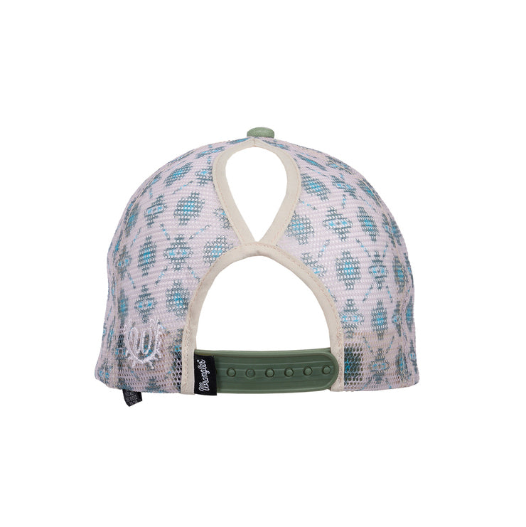 Wrangler Womens Nat High Profile Ponytail Trucker Cap (X6W2935CAP) Sage/Off White OSFM
