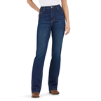 A woman shown from the waist down modelling a pair of Kayla blue Wrangler Women's Rodeo Bootcut Jeans (112367606) paired with a white top and brown western boots on a white studio background.