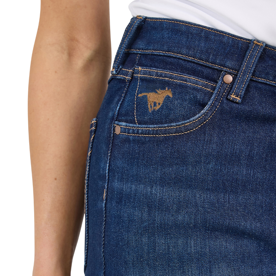 Close up coin pocket detail on a pair of Kayla blue Wrangler Women's Rodeo Bootcut Jeans (112367606) paired with a white top on a white studio background.