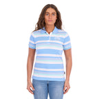 A woman modelling a Wrangler Women's Sloan Short Sleeved Polo Shirt (X6S2514625) with horizontal light blue, white, and pale mint stripes, paired with blue jeans against a plain white background.