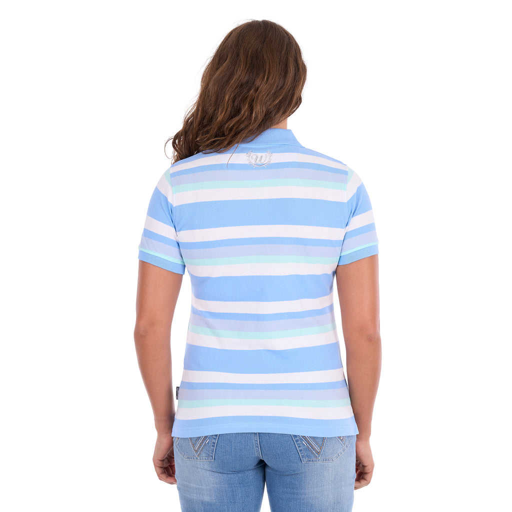 A woman modelling a Wrangler Women's Sloan Short Sleeved Polo Shirt (X6S2514625) with horizontal light blue, white, and pale mint stripes, paired with blue jeans against a plain white background, photographed from behind.