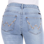 Close up signature Wrangler W stitching on the pockets of the Wrangler Women's Verity Bootcut Jeans - Willow (X6S2251722) Sky light blue denim modelled on a white background.