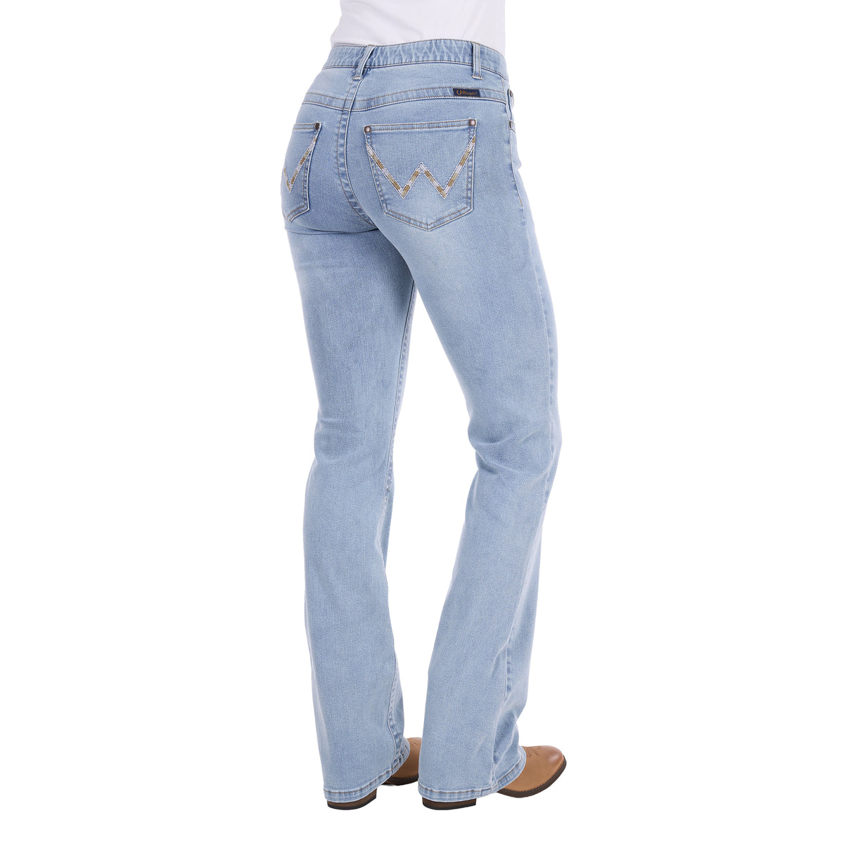 Wrangler Women's Verity Bootcut Jeans - Willow (X6S2251722) Sky light blue denim jeans shown from the back, featuring signature Wrangler W stitching on the pockets, modelled on a white background.