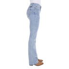 Wrangler Women's Verity Bootcut Jeans - Willow (X6S2251722) Sky light blue denim jeans shown from the side, featuring signature Wrangler W stitching on the pockets, modelled on a white background.